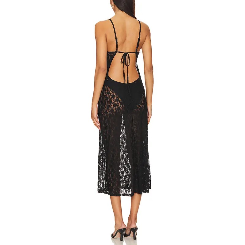 SS230737 Lightweight Lace V neck Perspecitivity Long Max dress