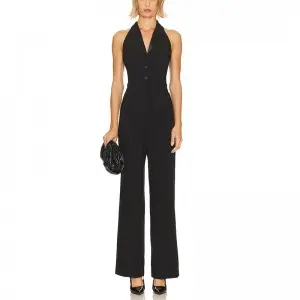 SS230740 Wool Blend Backless Lapel Neck Straight Pants Playsuit