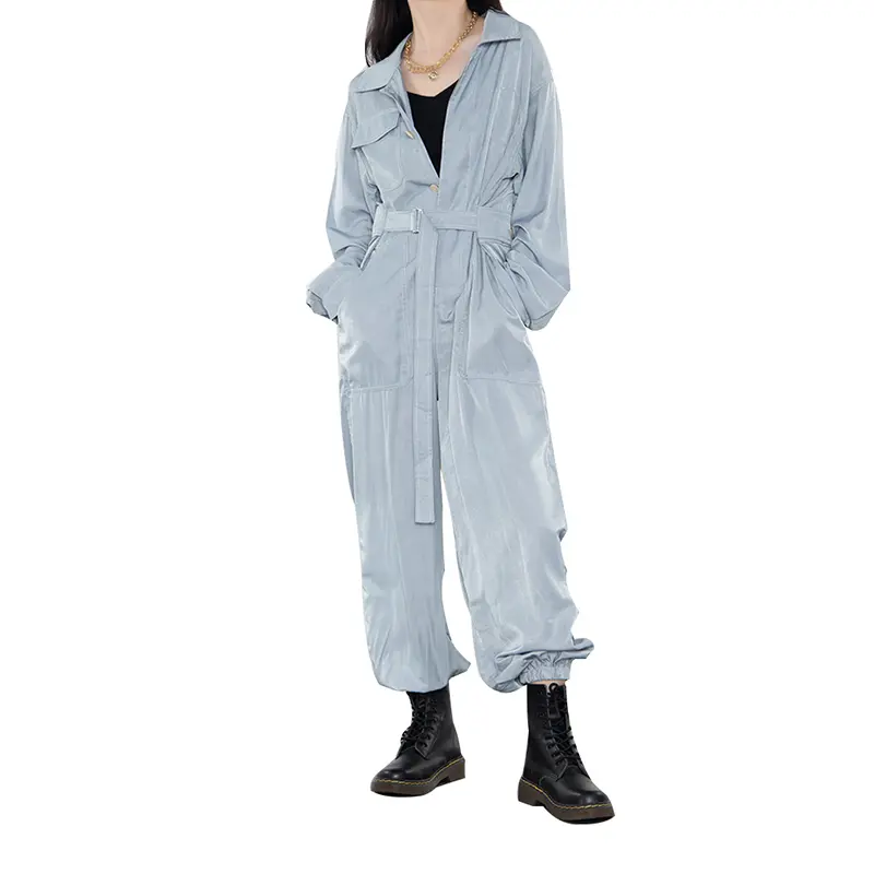SS23114 Tencel Cotton Wash Blue Shirt Neck long sleeve Pant belt Playsuit Jumper