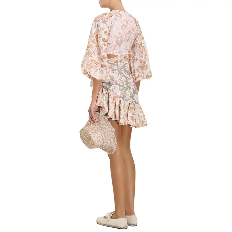 SS2367 Cotton Linen Digital Printed Cut Out Frill Mini Dress