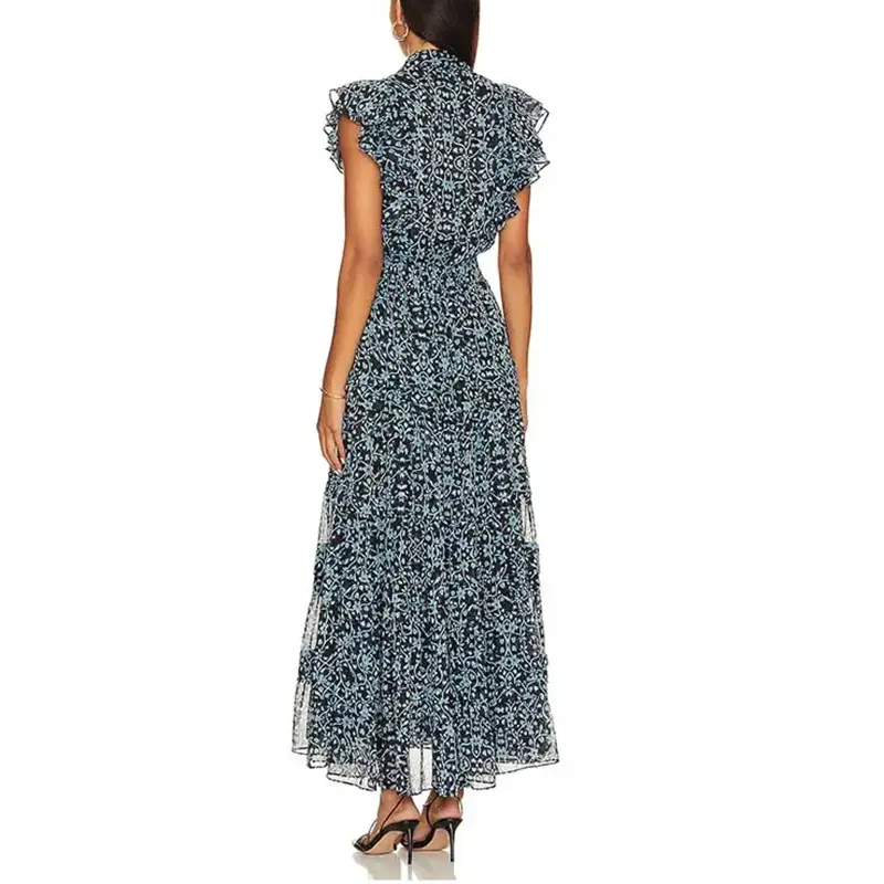 SS230715 Voile Chiffon reffled tier Stand shirt frill printed long dress