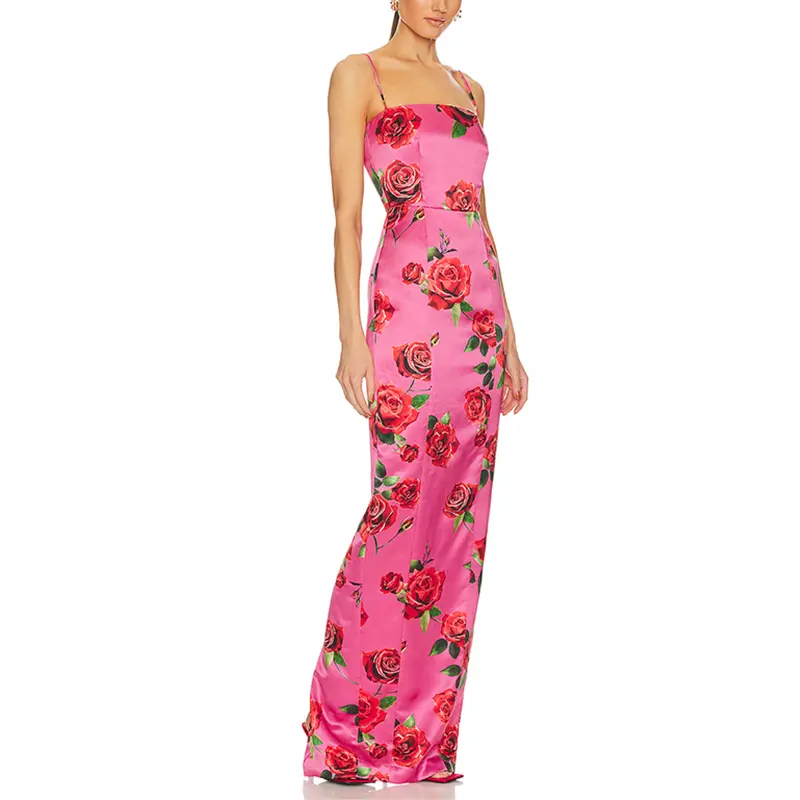 SS230735 Heavy Satin Digital Printed straight Neck Contour bust Long Dress