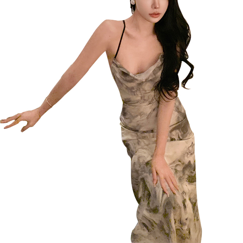 Cotton stretch digital print slip suspenders crew neck midi dress (3)
