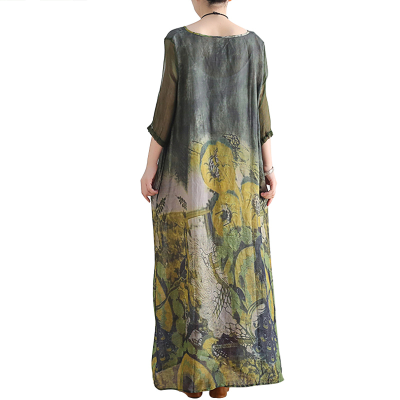 SS2378 Silk Cotton Placement Digital Printed mid Sleeve V neck Loose long Dress