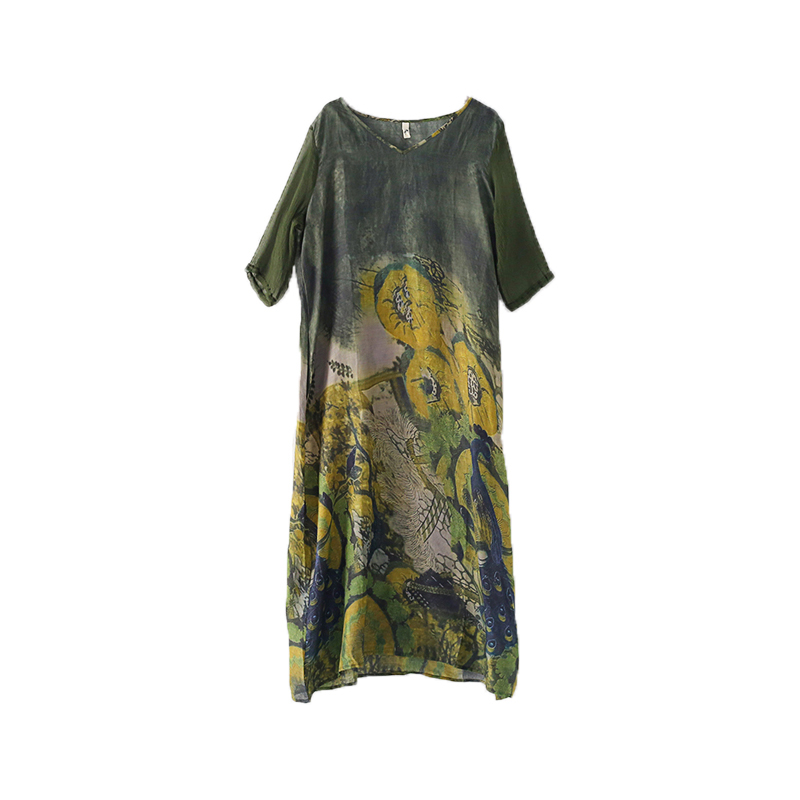 SS2378 Silk Cotton Placement Digital Printed mid Sleeve V neck Loose long Dress (4)
