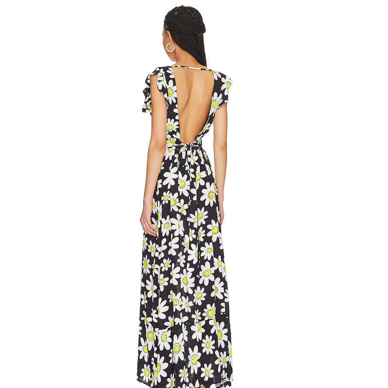 SS2380 Cotton Voile Digital Printed Deep V neck Frill High Split long Dress (6)