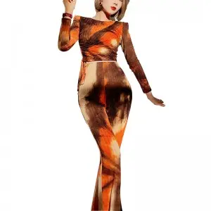 SS2314 Recycled Sustainable Mesh Digital Printed Wrap V neck Crop Long Sleeve, Slim High wasitband, bugle hem straight Pants.