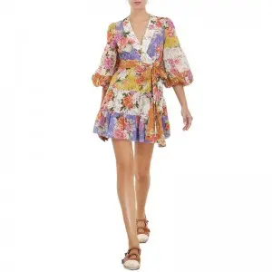 SS2365 Cotton Voile Digital Printed Mid L anternSleeve Wrap Tied mini dress