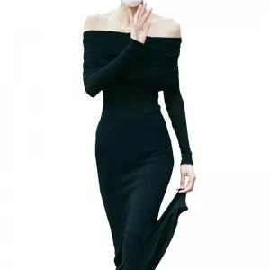 SS2333 Tencel Blend Off Shoulder Straight Neck Mid Dress