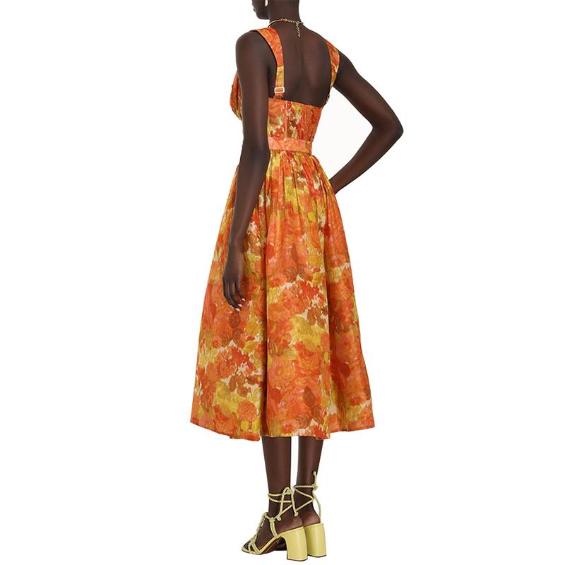 SS2368 Cotton Linen Digital Printed Crop Neck width Strape Puff Long Dress (4)