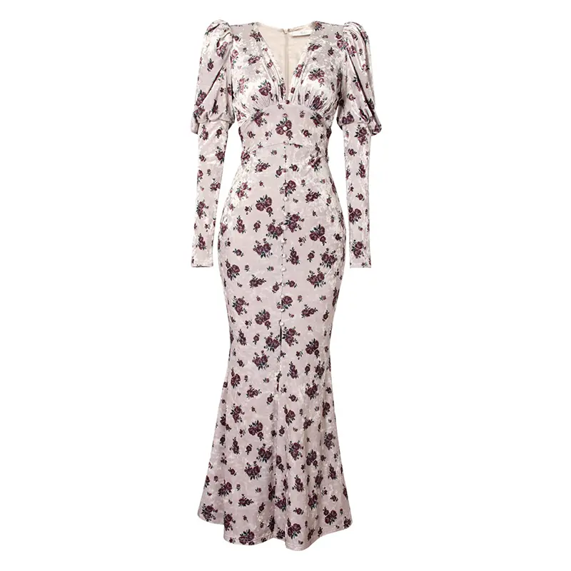 SS2313 Velvet Digital printed Fishtail Skinny Wrap Long dress (1)