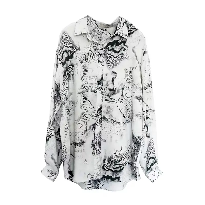 SS2305 Satin Silk ink digital print long sleeve womens blouse shirts  (3)