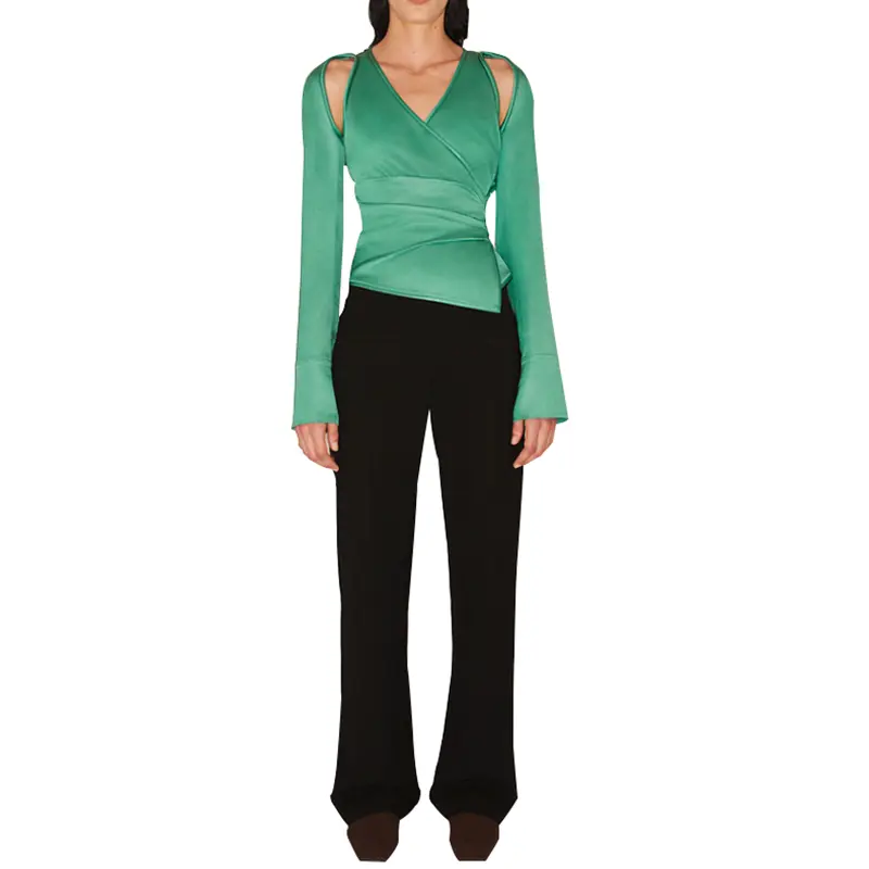 SS2328 Cupro Cut Out Long Sleeve V neck Womens Blouse Skirts (1)