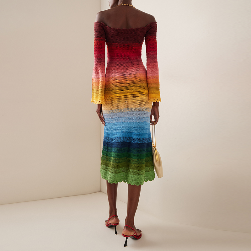 751 Oscar renta Multi Off the Shoulder Rainbow Ombrer Crochet knit dress