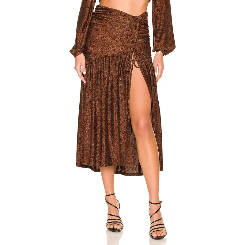 744  Vicose/Metal Knit High Split Crink Skirt Dress