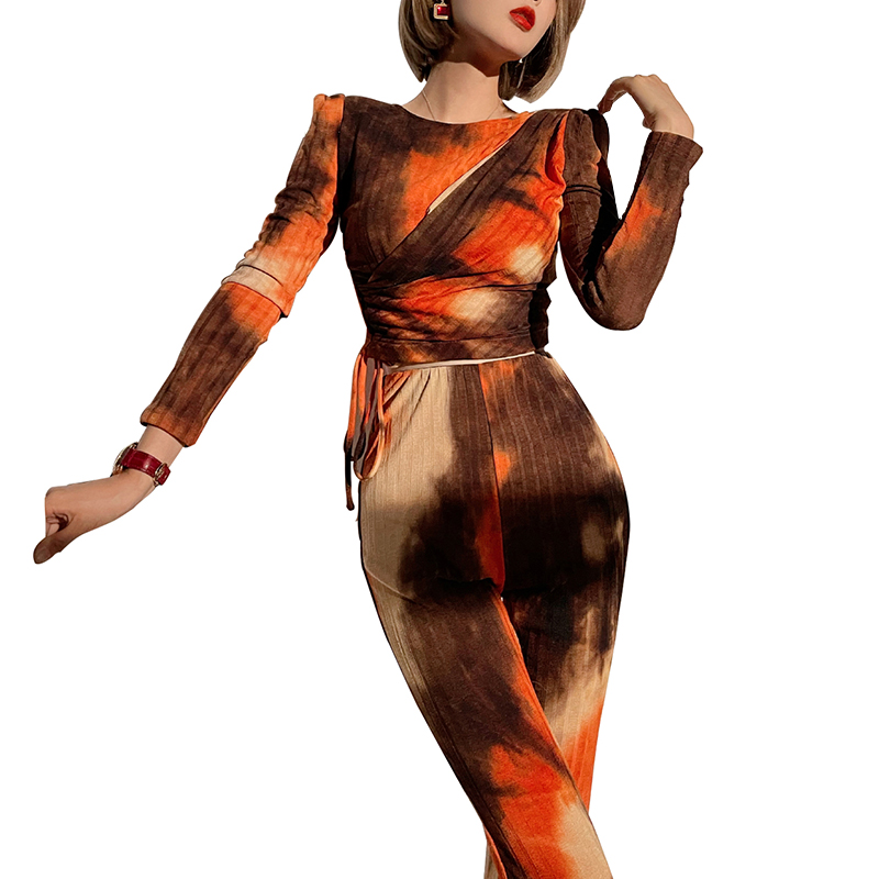 SS2314 Recycled Sustainable Mesh Digital Printed Wrap V neck Crop Long Sleeve, Slim High wasitband, bugle hem straight Pants.