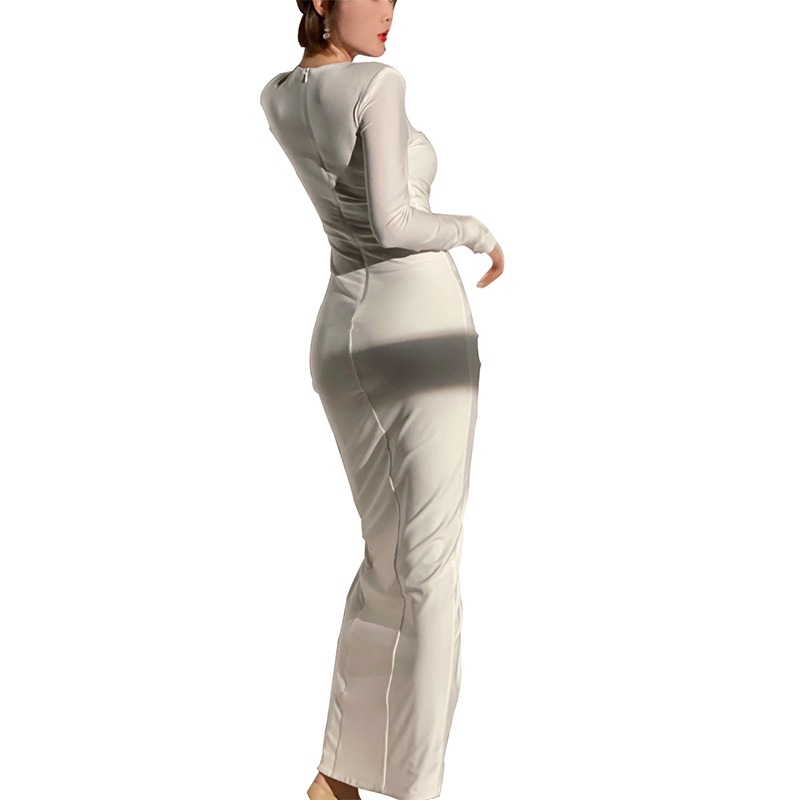 SS2318 Tencel Blend Crinkled V neck Frill Long Sleeve Bodice Slim Dress (3)