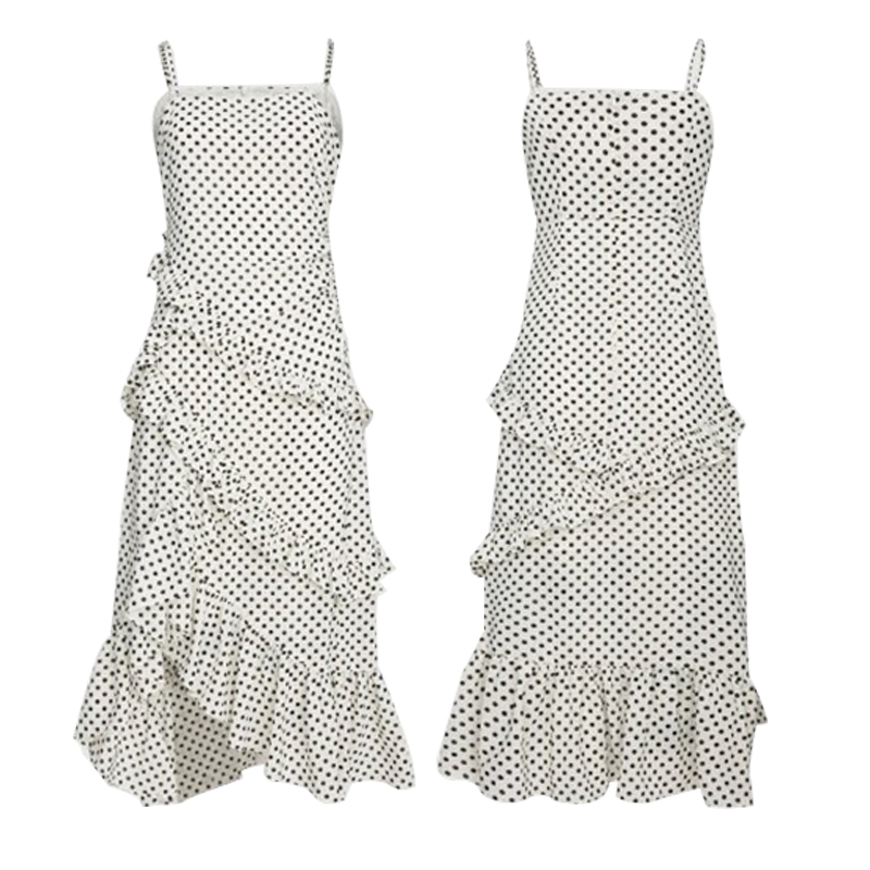Cotton Dot Printed Suspender Slip Dress Shoulder off Frill Long Dress (4)