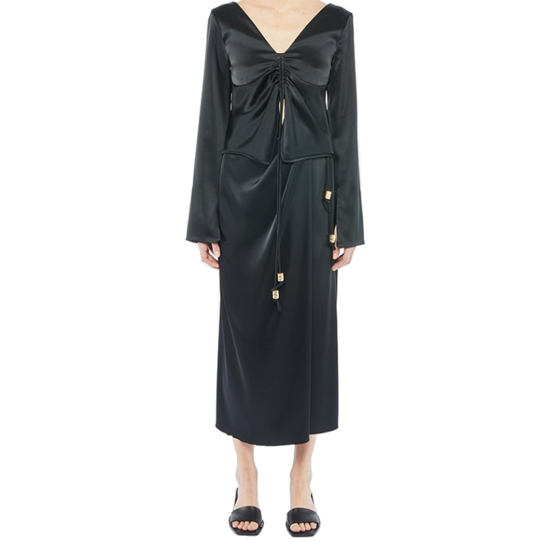 SS2329 Cupro Black V neck tied Crop top and Wrap tied skirts (5)