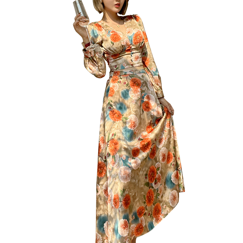 SS2310 Satin Silk Digital Printed V neck Long sleeve Crop Top Blouse Slim straight Skirts (2)
