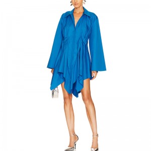 SS2383 Cotton Linen Plain Pleated Shirt Irregular Mini Loose Dress