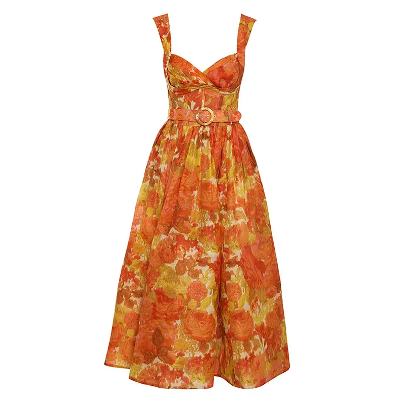 SS2368 Cotton Linen Digital Printed Crop Neck width Strape Puff Long Dress