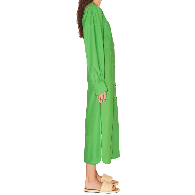 SS2330 Cotton Linen Tied Neck off Shoulder Long Sleeve Button Up Straight Long Dress (3)