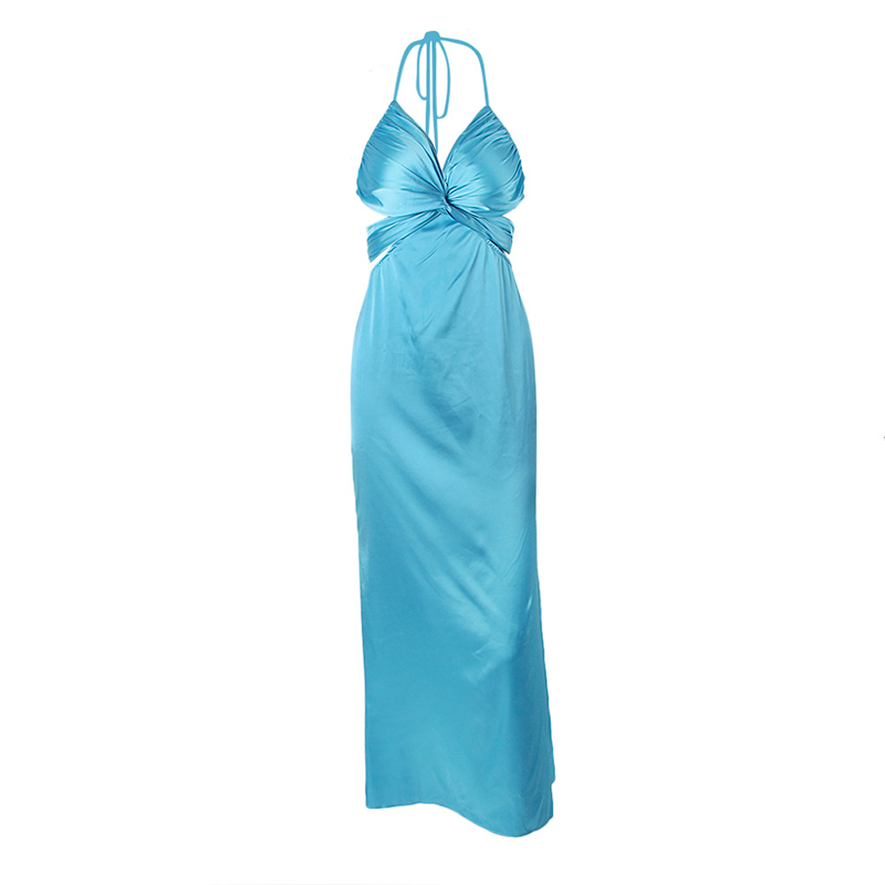 SS23108 Satin Silk Plan Cut Chest Tied Neck tied Waist Backless Long Dress (1)