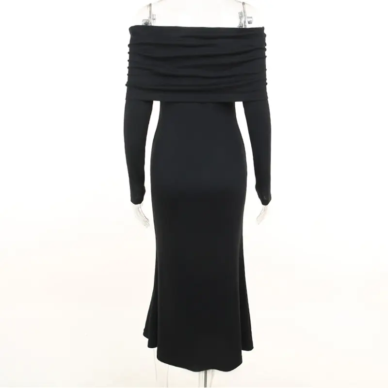 SS2333 Tencel Blend Off Shoulder Straight Neck Mid Dress