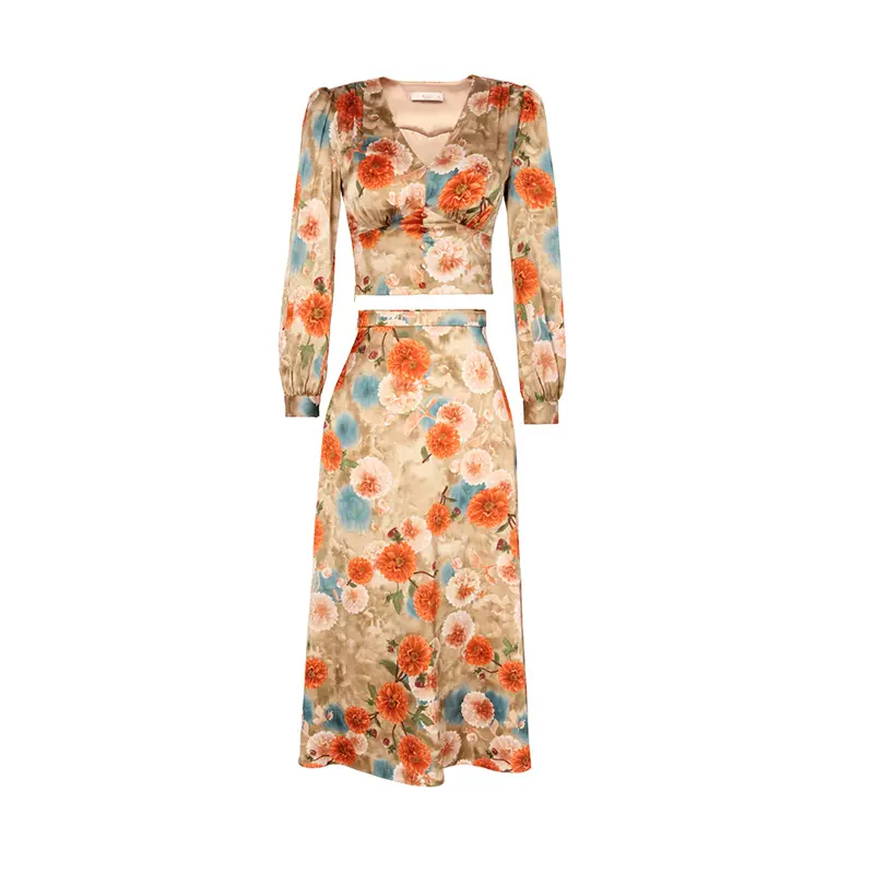 SS2310 Satin Silk Digital Printed V neck Long sleeve Crop Top Blouse Slim straight Skirts (3)