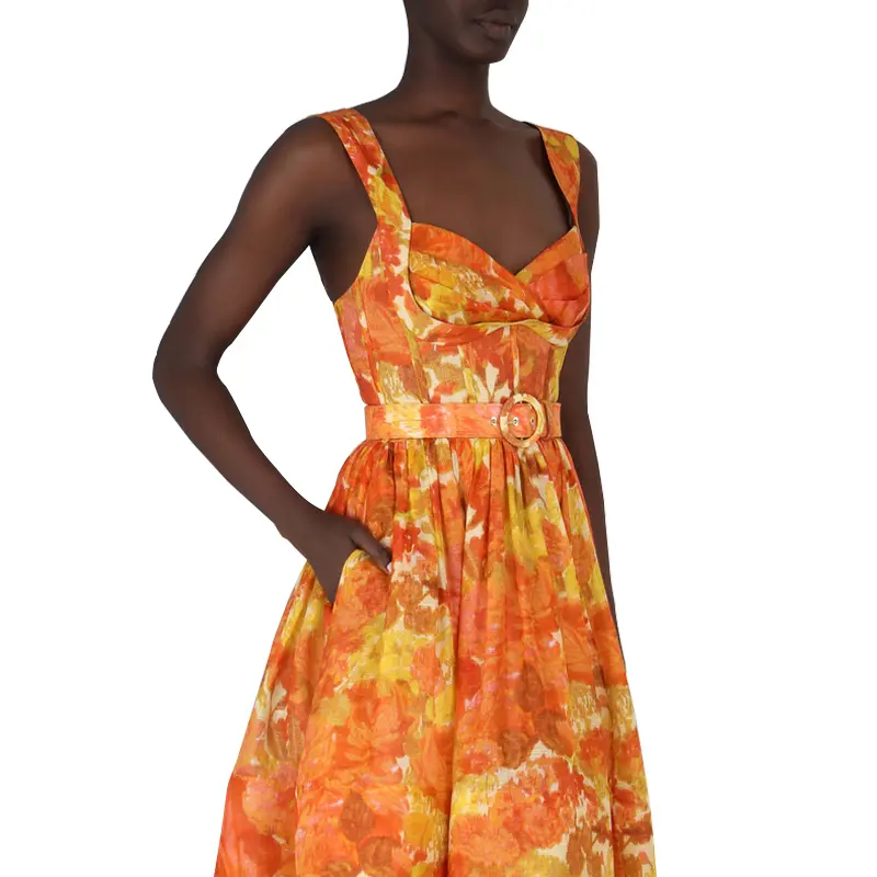 SS2368 Cotton Linen Digital Printed Crop Neck width Strape Puff Long Dress