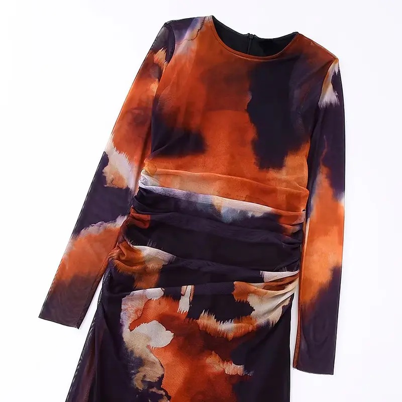 SS2396 Recycled Mesh Digital Printed long Sleeve Crinkled waist Long Dress