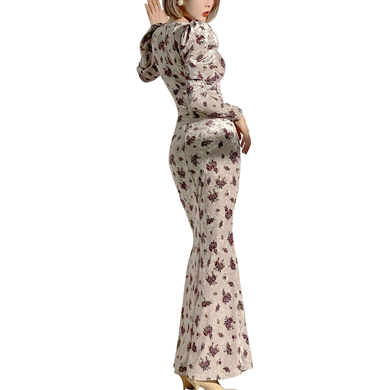 SS2313 Velvet Digital printed Fishtail Skinny Wrap Long dress (3)