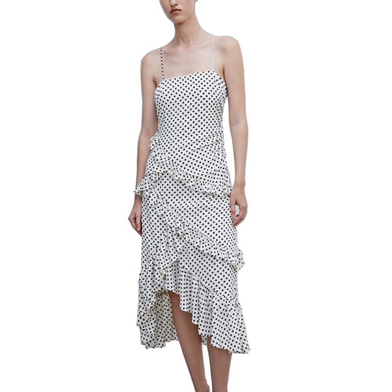 Cotton Dot Printed Suspender Slip Dress Shoulder off Frill Long Dress (1)