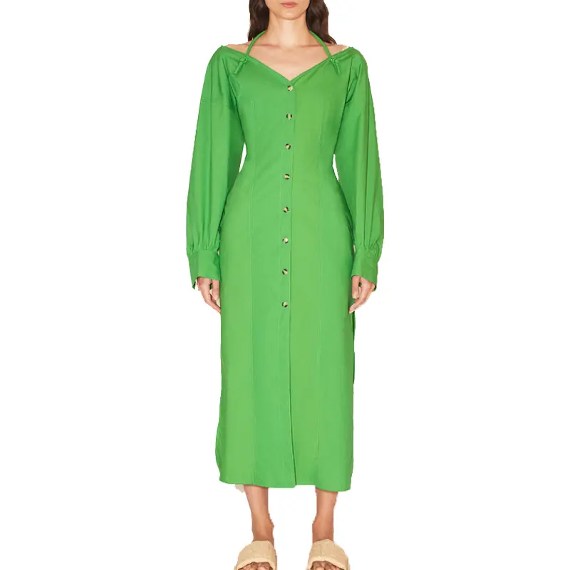 SS2330 Cotton Linen Tied Neck off Shoulder Long Sleeve Button Up Straight Long Dress (2)