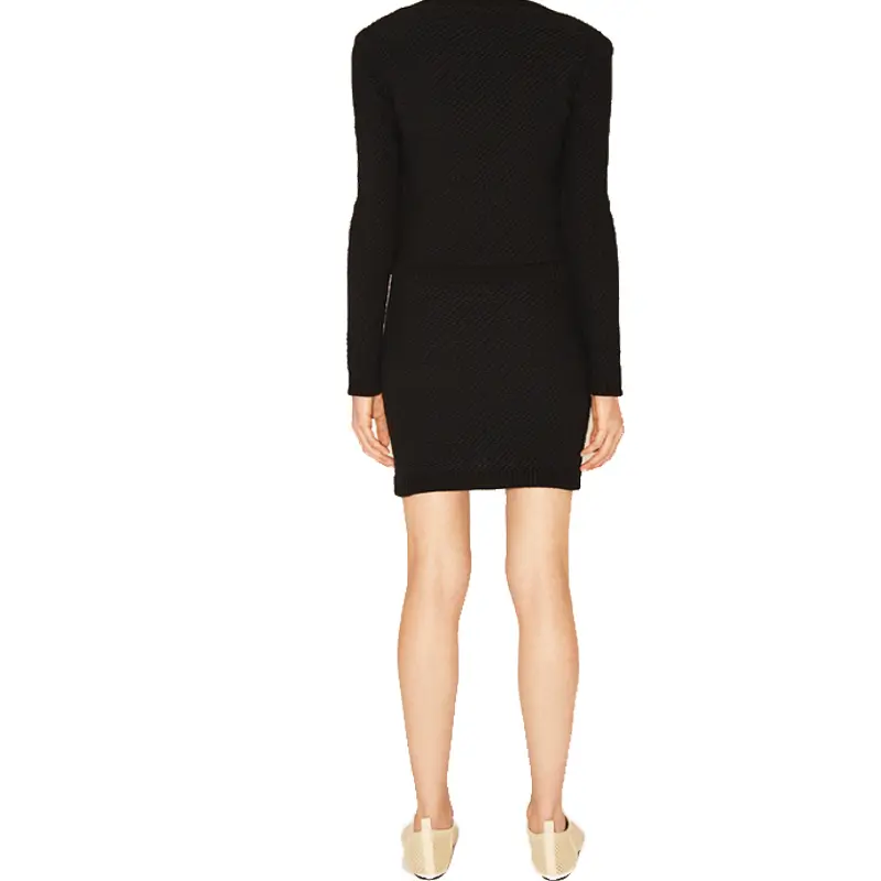SS2325  Cotton Blend Serge V neck Long Sleeve  Mid Dress