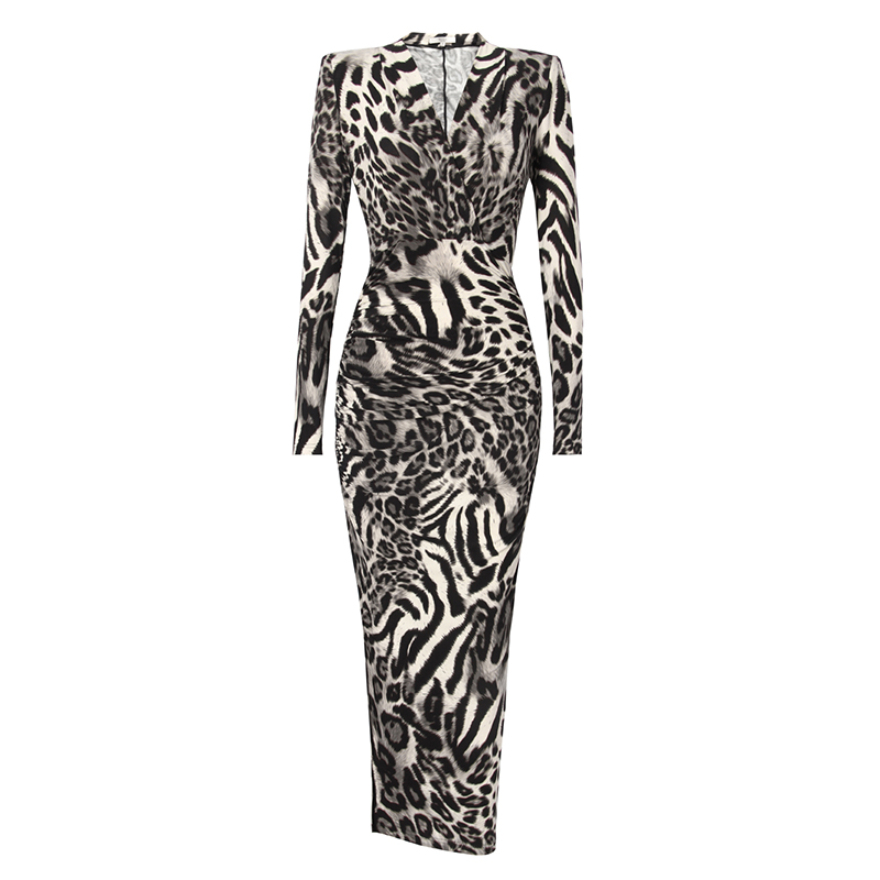 SS2316 Mesh Digital Printed Leopard Long Sleeve V Neck Bodic Long Slim Dress (1)