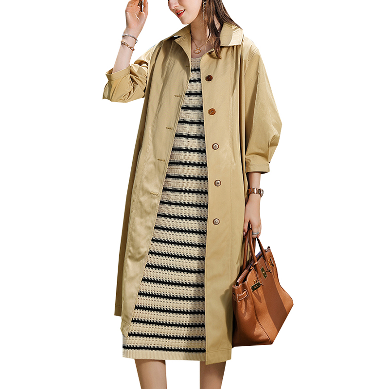 SS23102 Wash Cotton Plain Button up Mid sleeve Back Vent Tied waist belt Long Coat Jacket (4)