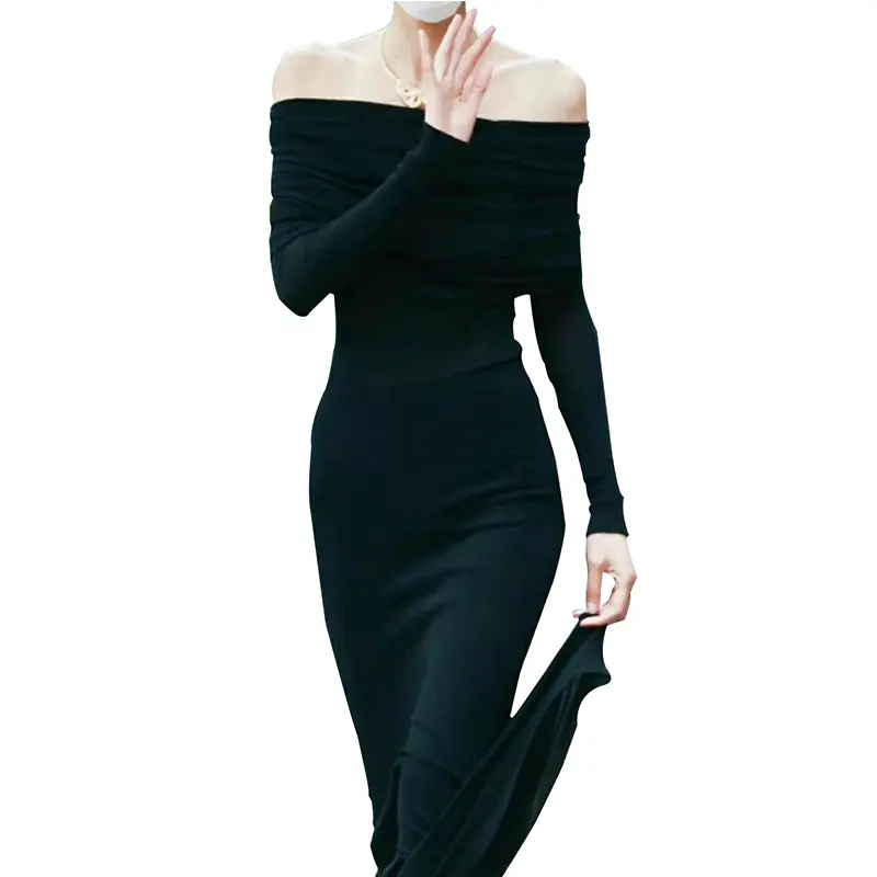 SS2333 Tencel Blend Off Shoulder Straight Neck Mid Dress  (1)