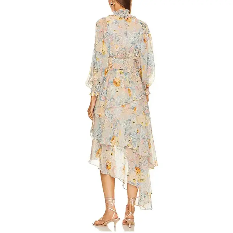 SS230717 Flower printed high Neck Frill Cake Layer irregular long max dress