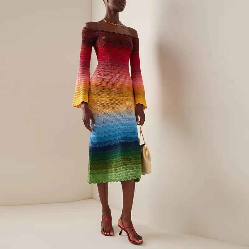 751 Oscar renta Multi Off the Shoulder Rainbow Ombrer Crochet knit dress