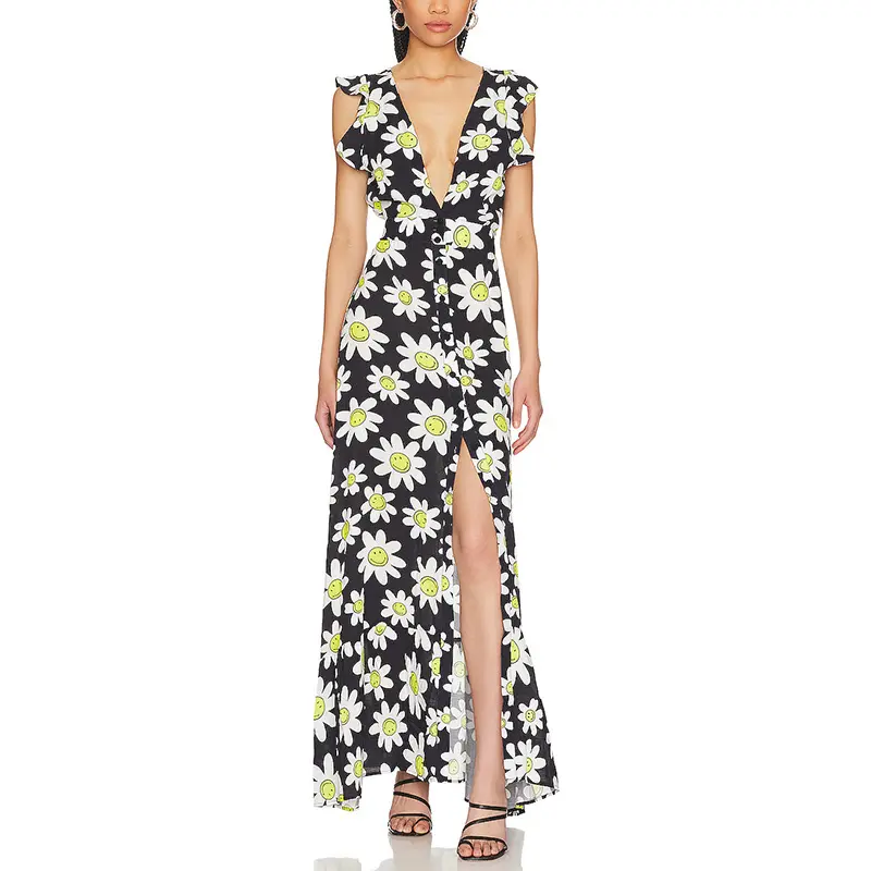 SS2380 Cotton Voile Digital Printed Deep V neck Frill High Split long Dress