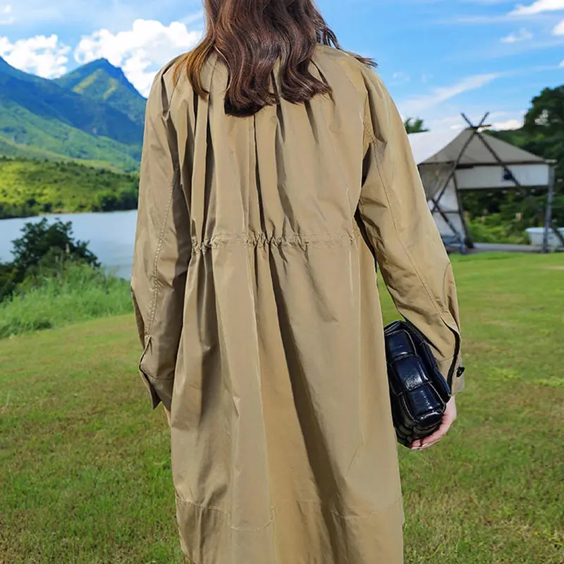 SS23101 Cotton Poplin Khaki Stand Neck Long Jacket Coat