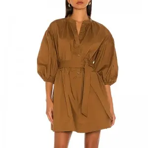 SS2384 Cotton Linen Stand Neck button Up Mid Sleeven Womens blouse Dress