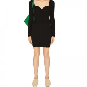 SS2325  Cotton Blend Serge V neck Long Sleeve  Mid Dress