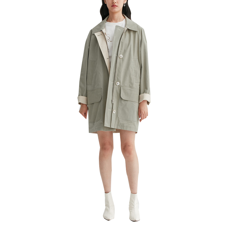 SS23107 Cotton Canvas Square Neck Raglan sleeve Vintage mid Length Jacket Coat (2)