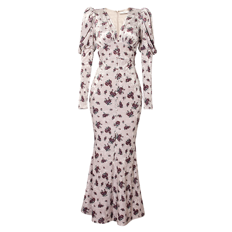 SS2313 Velvet Digital printed Fishtail Skinny Wrap Long dress (1)