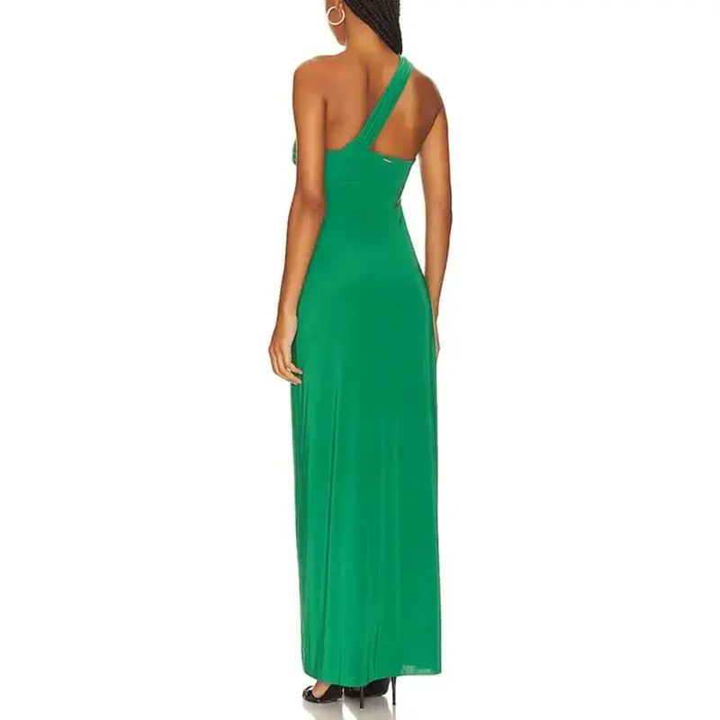 SS230716 Jersey Stretch with high side split One shoulder styling Ruched bust long kelly Green maxdress