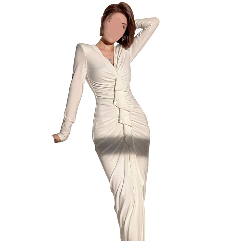 SS2318 Tencel Blend Crinkled V neck Frill Long Sleeve Bodice Slim Dress (2)