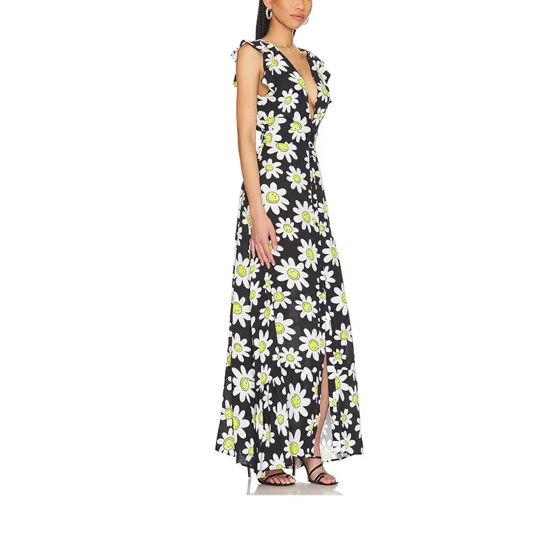 SS2380 Cotton Voile Digital Printed Deep V neck Frill High Split long Dress